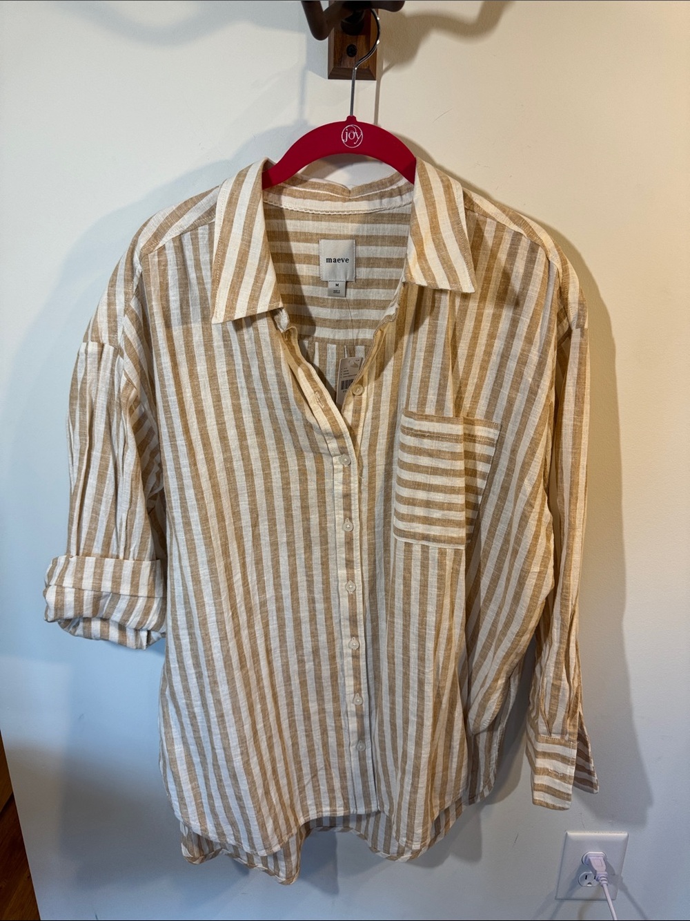 Maeve Beige & White Striped Linen-Blend Button-Down Shirt